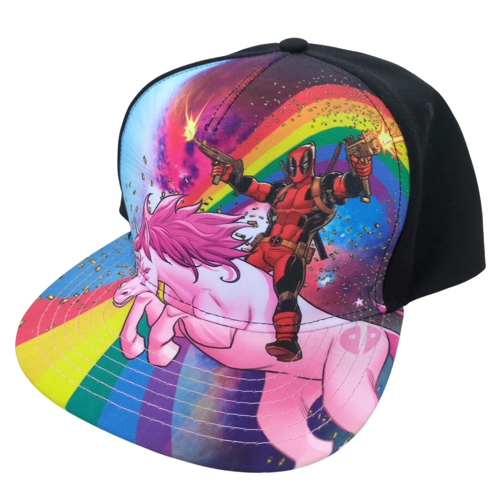 Marvel Deadpool Unicorn Rainbow Hat Snapback Black‎ Flat Brim Comic Movie Cap